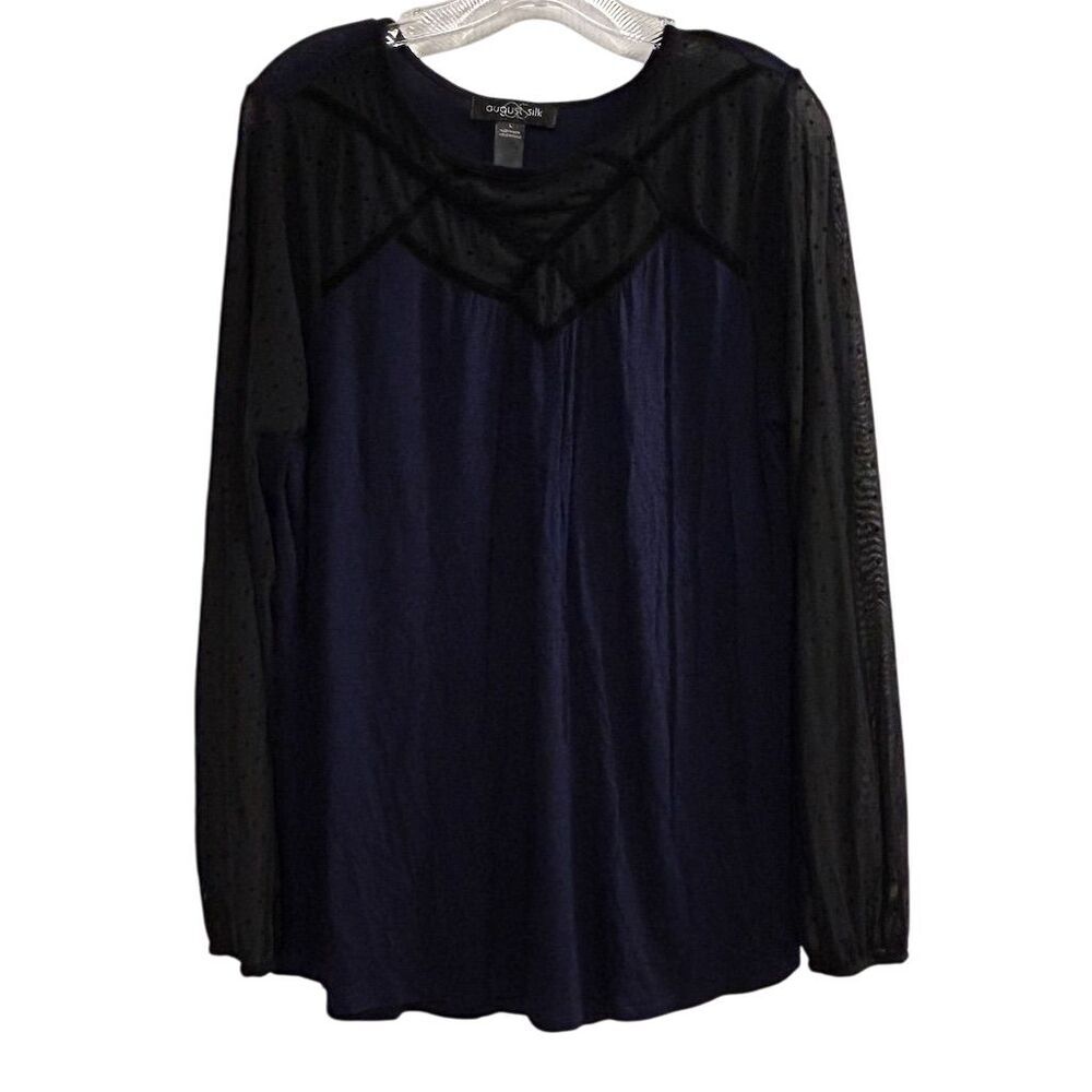 August Silk Women's Polka‎ Dot Semi Sheer Blouse Navy Black Size L